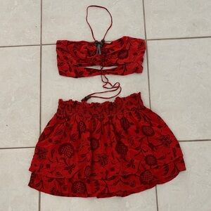 Anthropologie Red Floral two piece strapless top and Tiered Mini Skirt size M